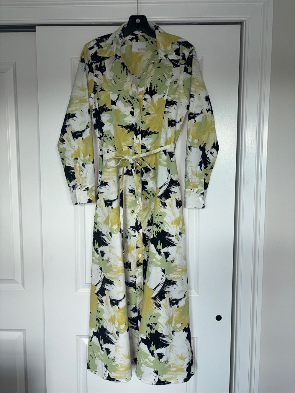 Maxi Shirt Dress with tie belt, Butter Yellow, White, Light Green